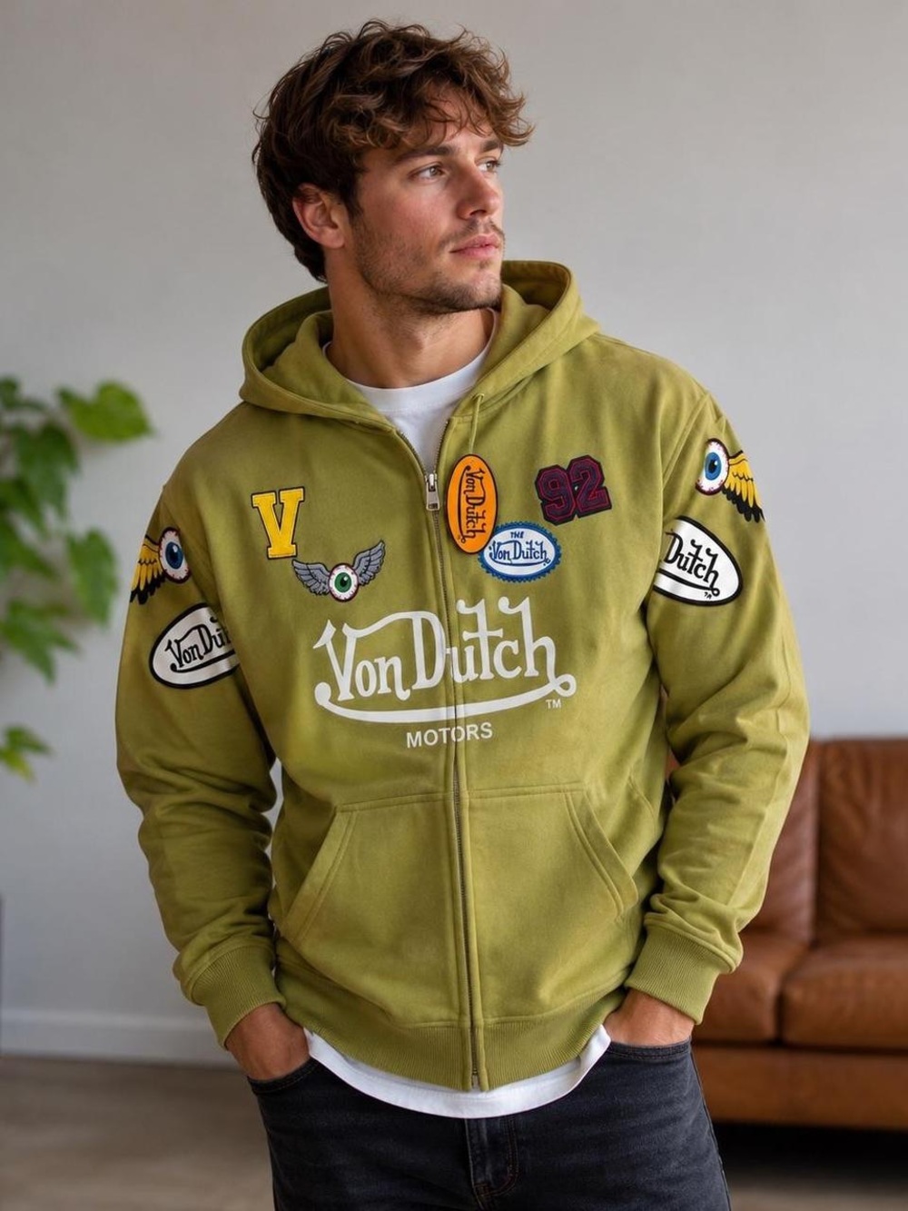 Von Dutch Olive Zip-Up Hoodie with Patch Logos